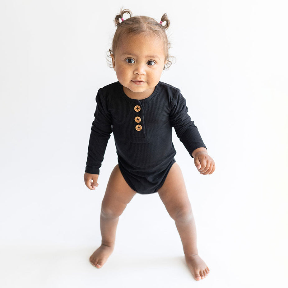 Black Ribbed Long Sleeve Henley Bodysuit