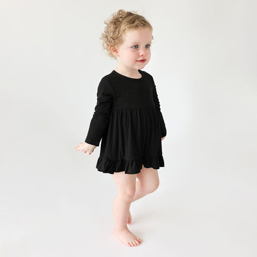 Black Ribbed Long Sleeve Ruffled Bodysuit Dress
