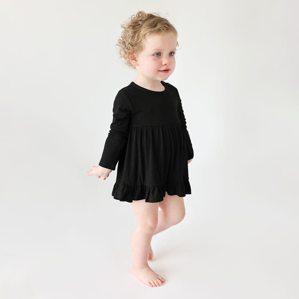 Black Ribbed Long Sleeve Ruffled Bodysuit Dress