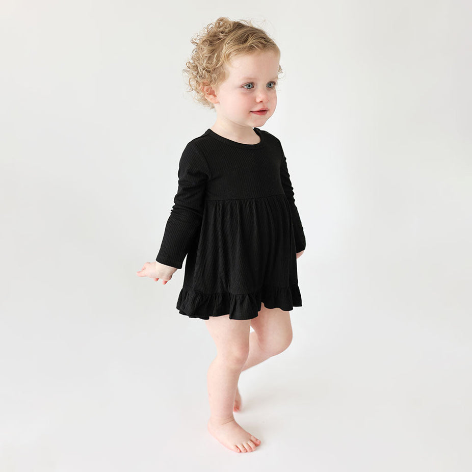 Black Ribbed Long Sleeve Ruffled Bodysuit Dress