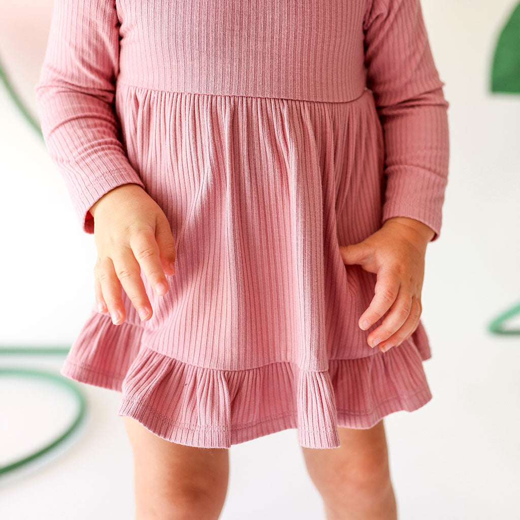 Dusty Rose Ribbed Long Sleeve Ruffled Bodysuit Dress