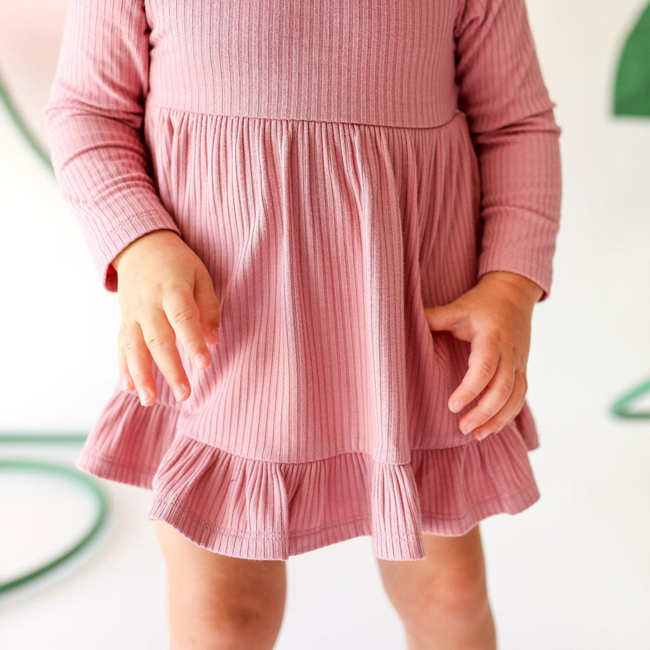 Dusty Rose Ribbed Long Sleeve Ruffled Bodysuit Dress
