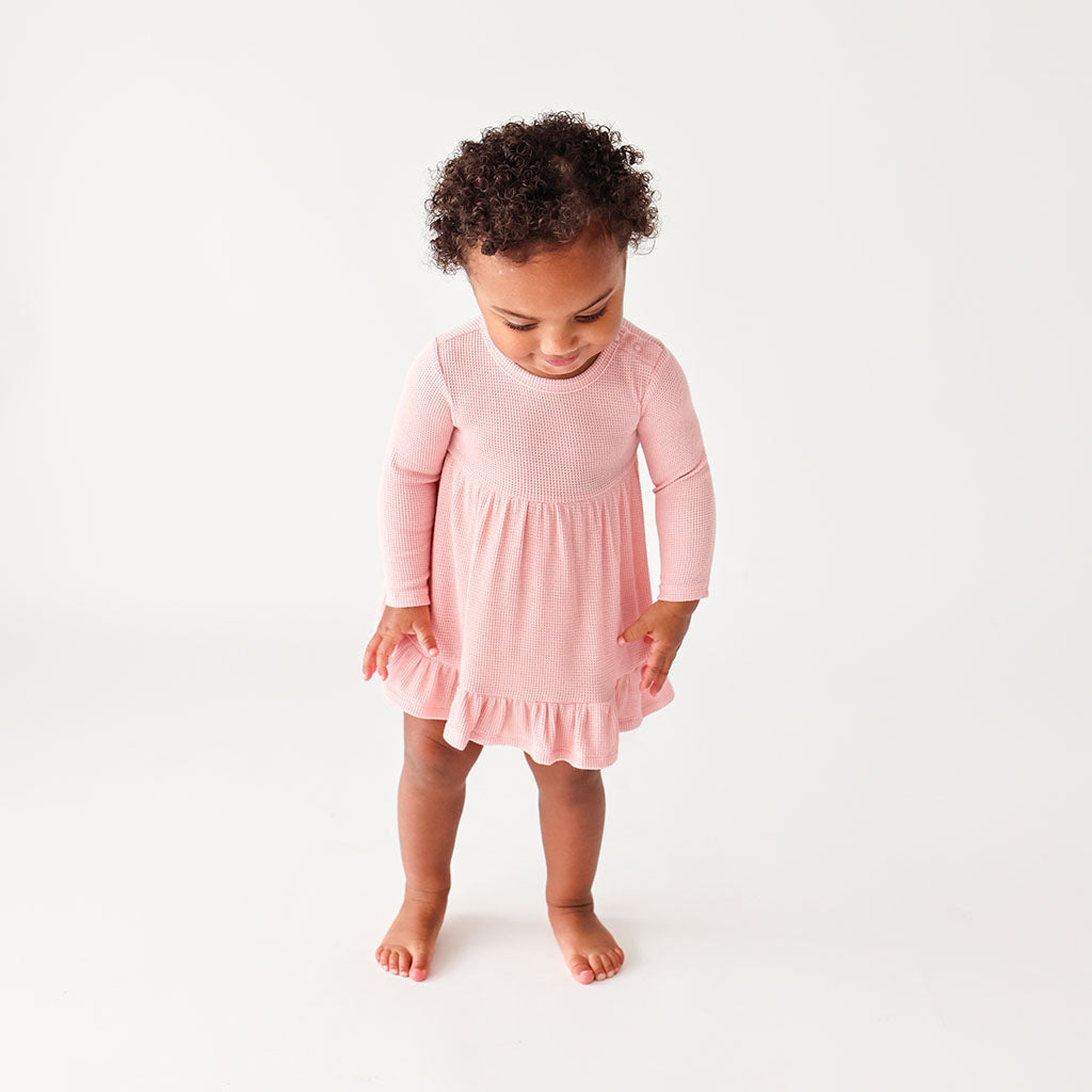 Fall Rose Waffle Long Sleeve Ruffled Bodysuit Dress