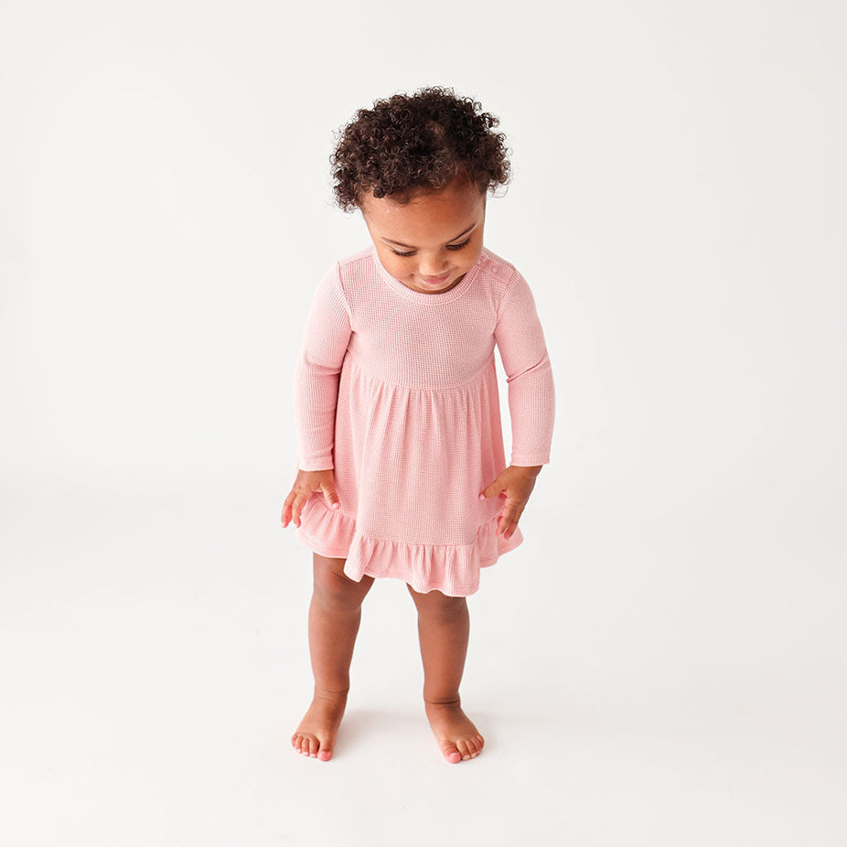 Fall Rose Waffle Long Sleeve Ruffled Bodysuit Dress