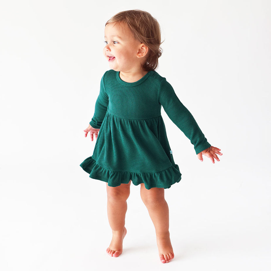 Hunter Green Waffle Long Sleeve Ruffled Bodysuit Dress