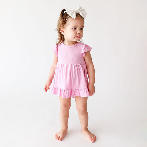 Posh Pink Ribbed Ruffled Twirl Bodysuit Dress