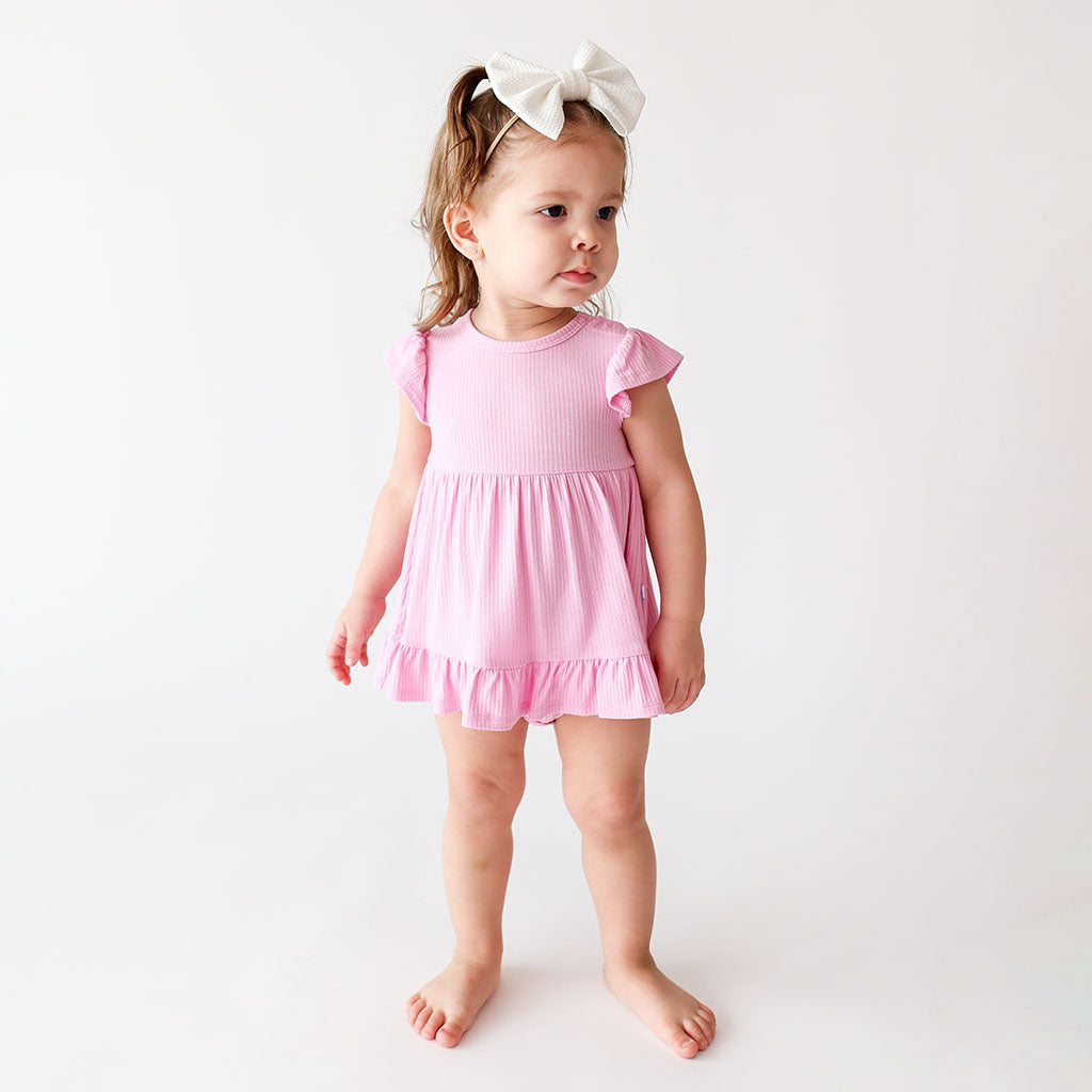 Posh Pink Ribbed Ruffled Twirl Bodysuit Dress