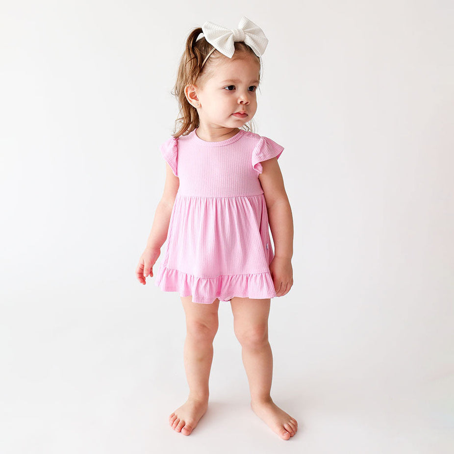 Posh Pink Ribbed Ruffled Twirl Bodysuit Dress