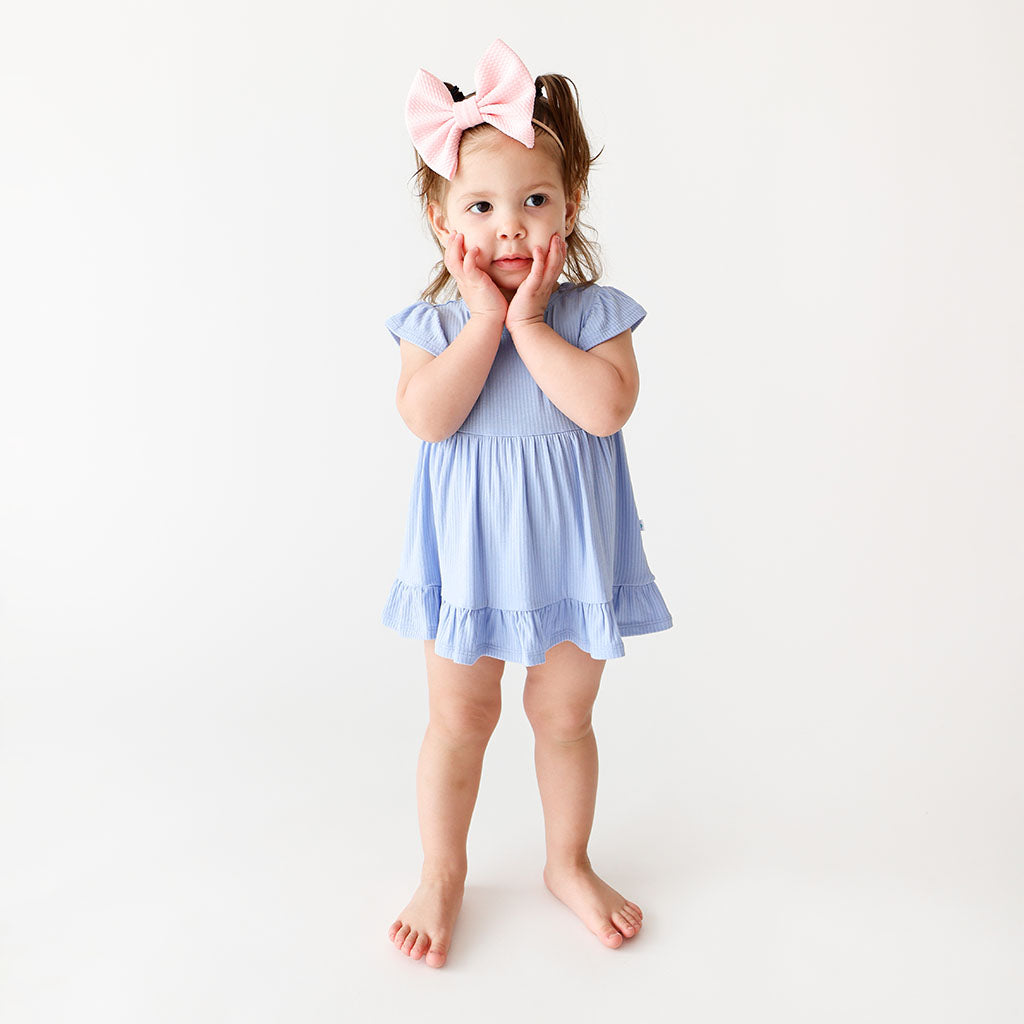 Powder Blue Ribbed Ruffled Twirl Bodysuit Dress