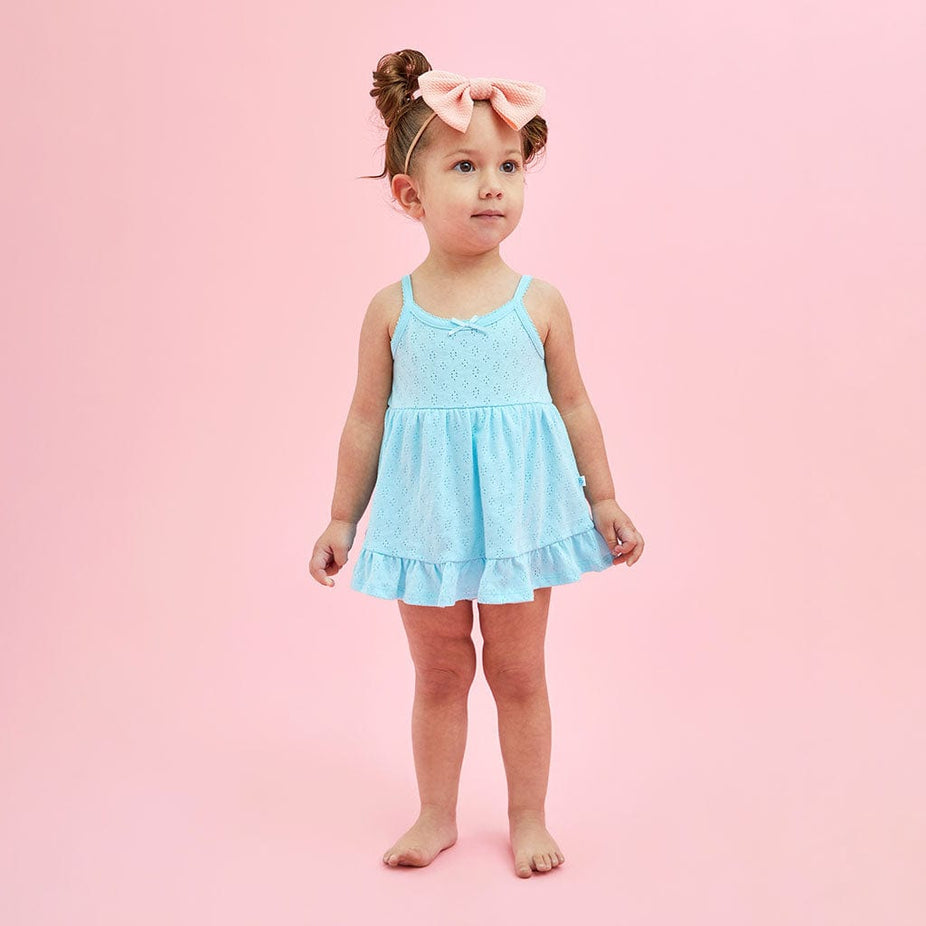 Robins Egg Pointelle Sleeveless Ruffled Bodysuit Dress