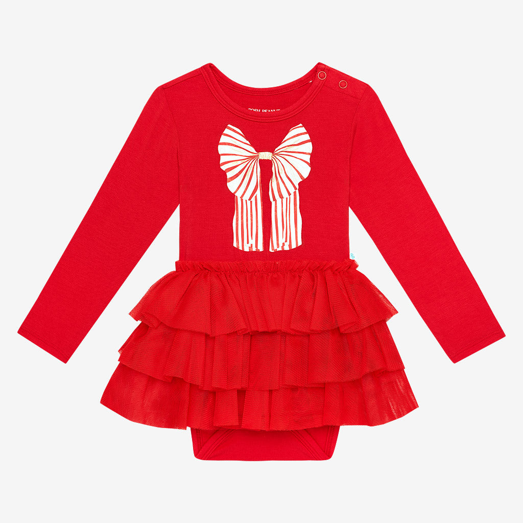 Candy Cane Bow Long Sleeve Graphic Tulle Skirt Bodysuit Dress