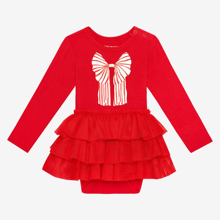 Candy Cane Bow Long Sleeve Graphic Tulle Skirt Bodysuit Dress