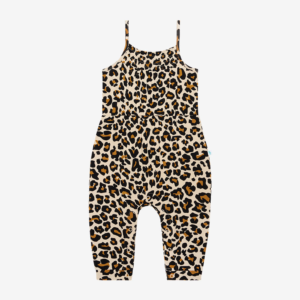 Lana Leopard Tan Sleeveless Smocked Snap Jumpsuit