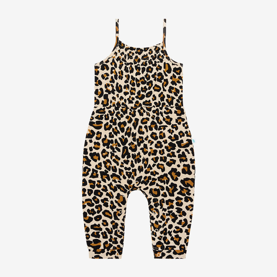 Lana Leopard Tan Sleeveless Smocked Snap Jumpsuit