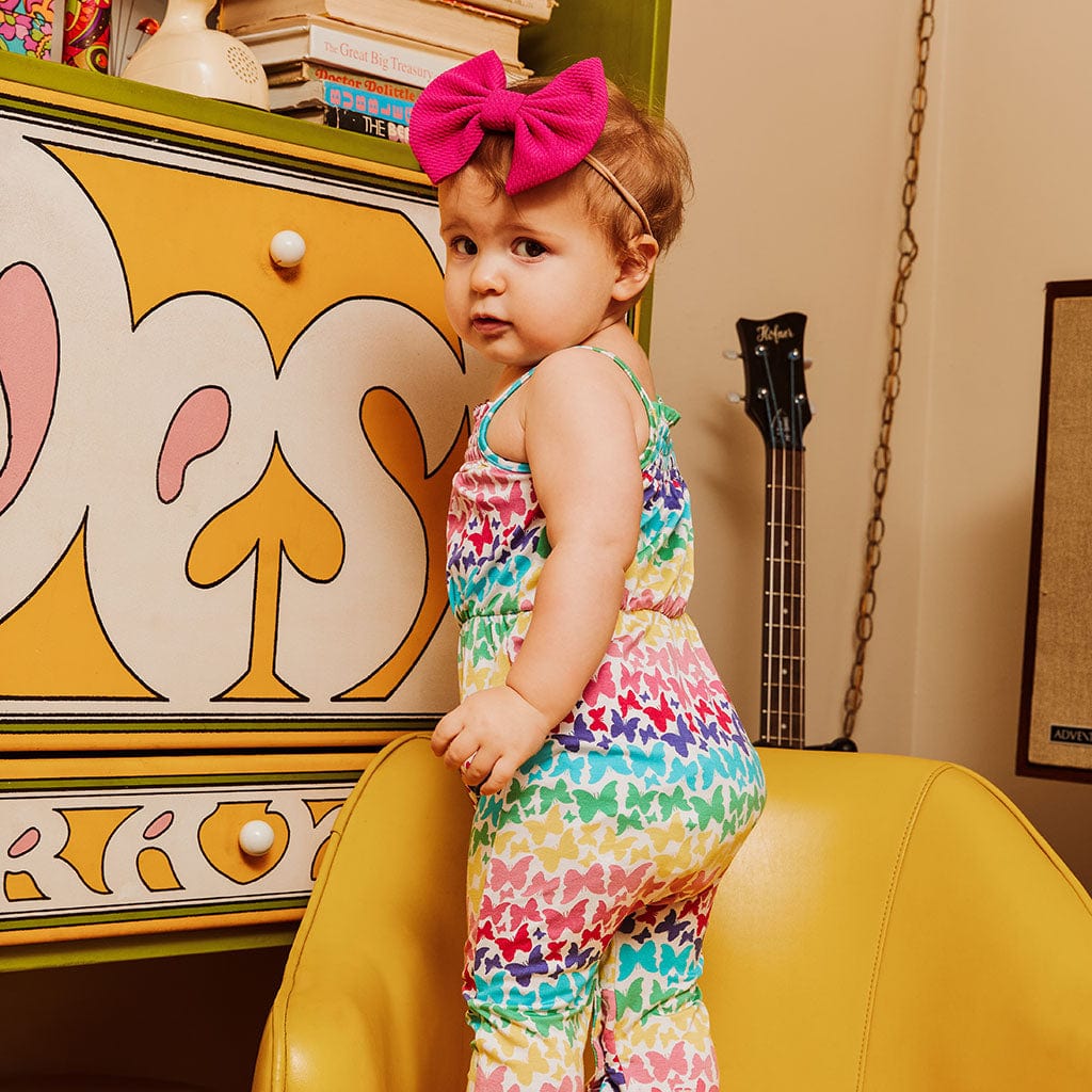 Rainbow Butterfly Sleeveless Smocked Snap Jumpsuit