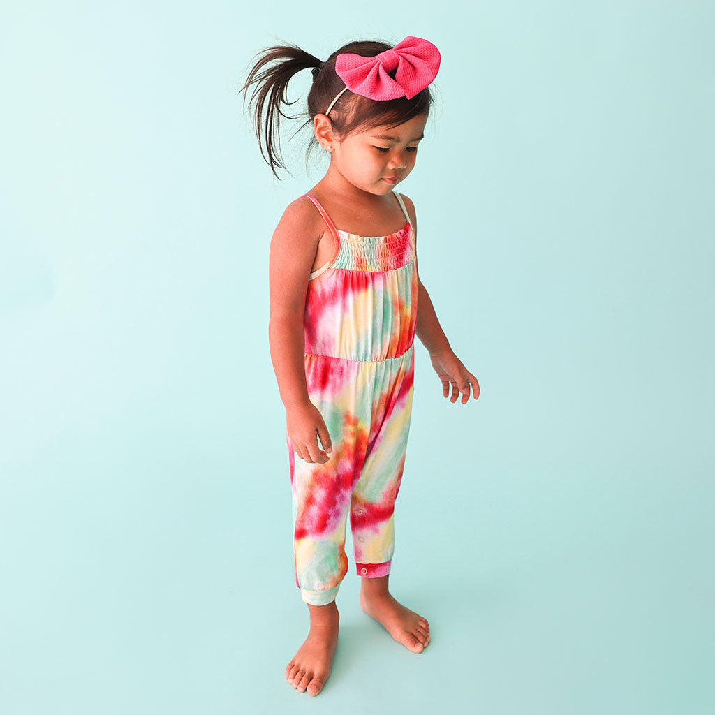 Rainbow Tie Dye Sleeveless Smocked Snap Jumpsuit