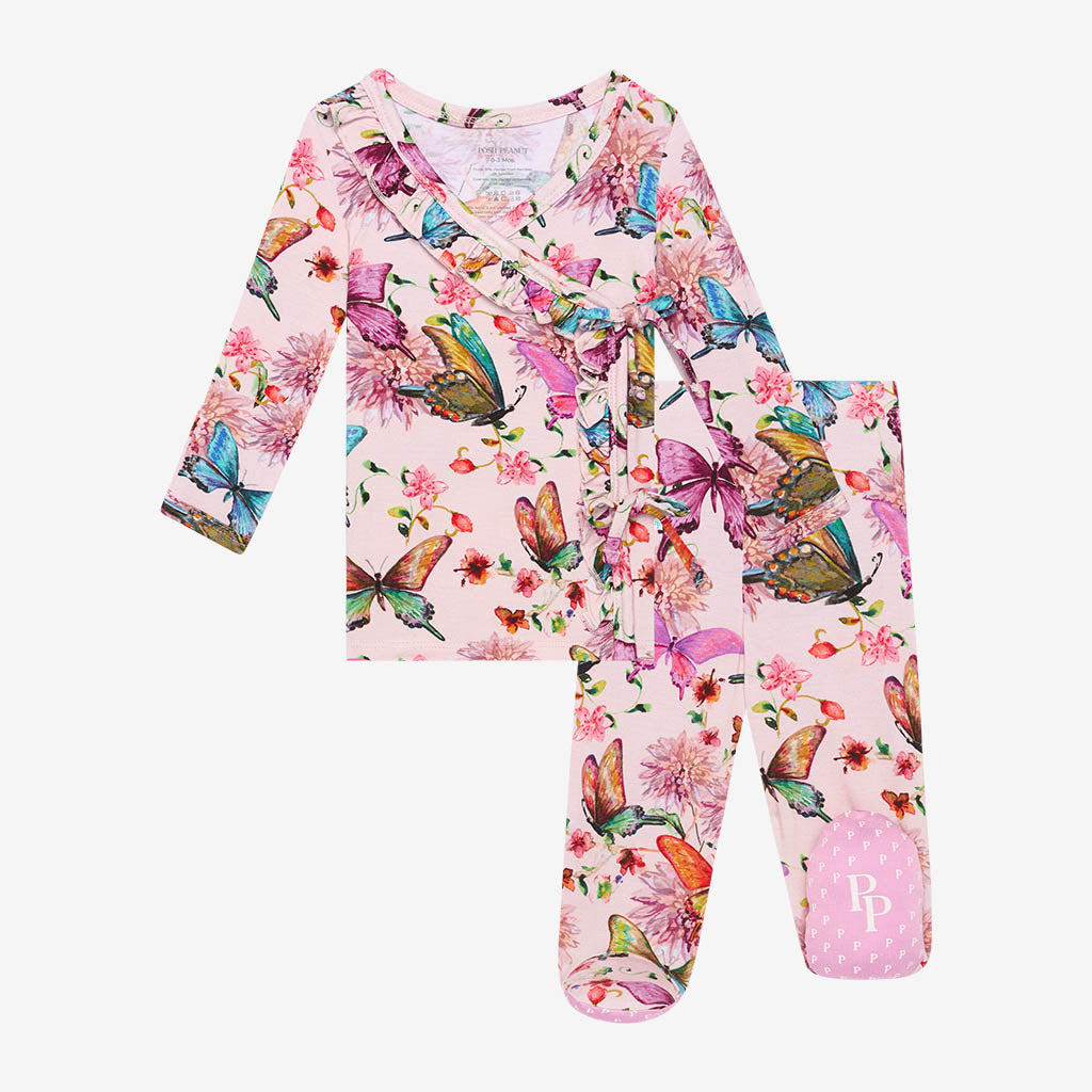 Watercolor Butterfly Ruffled Tie-Front Kimono Set
