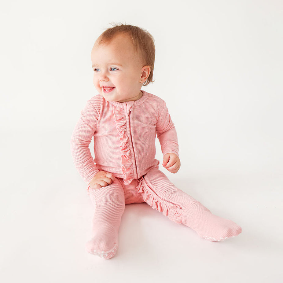 Fall Rose Waffle Footie Ruffled Zippered One Piece
