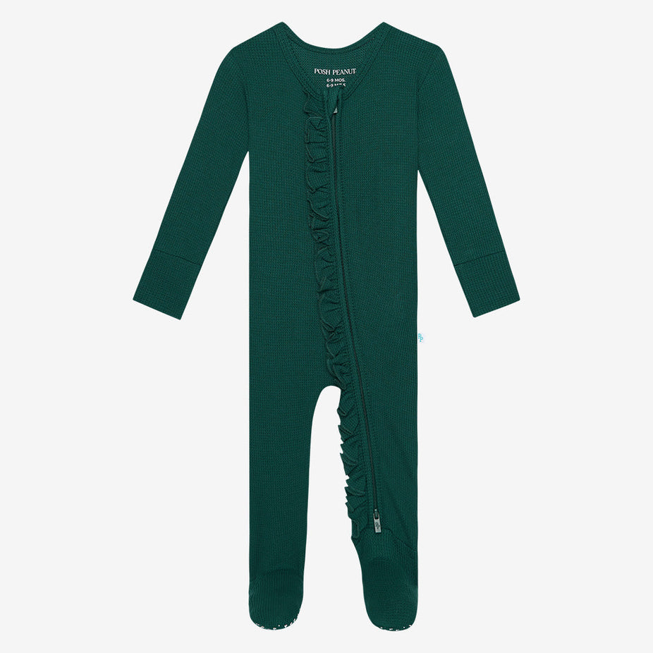 Hunter Green Waffle Footie Ruffled Zippered One Piece
