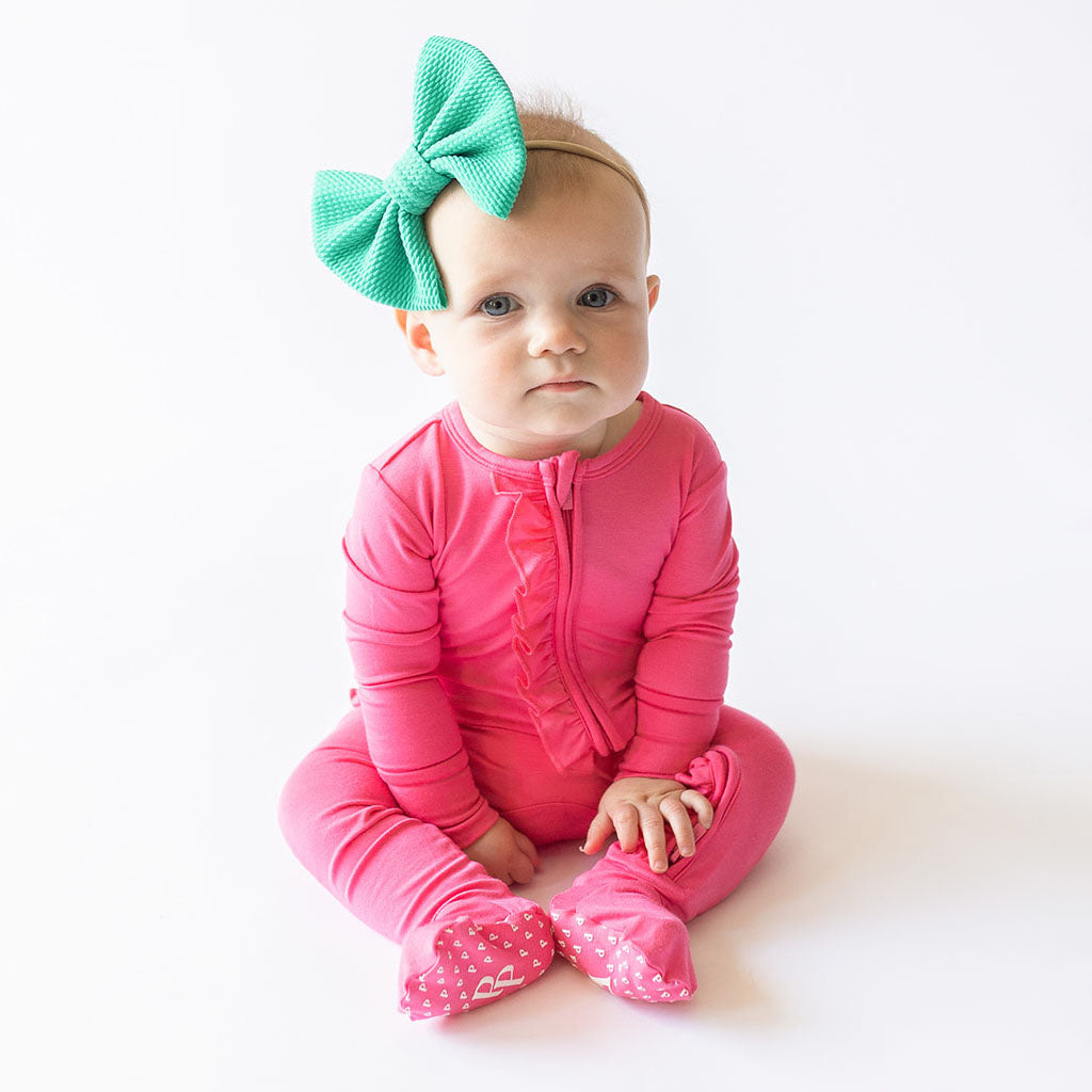Hot Pink Footie Ruffled Zippered One Piece