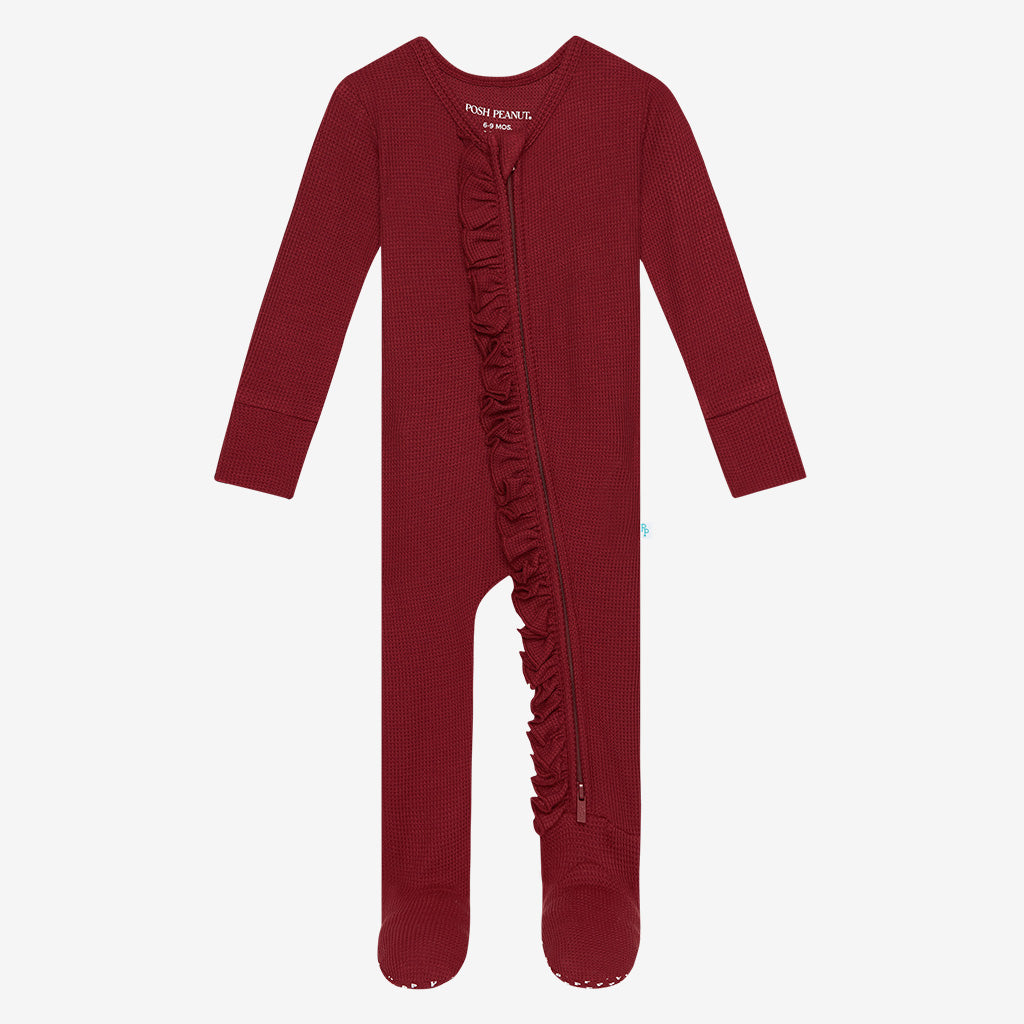 Maroon Waffle Footie Ruffled Zippered One Piece