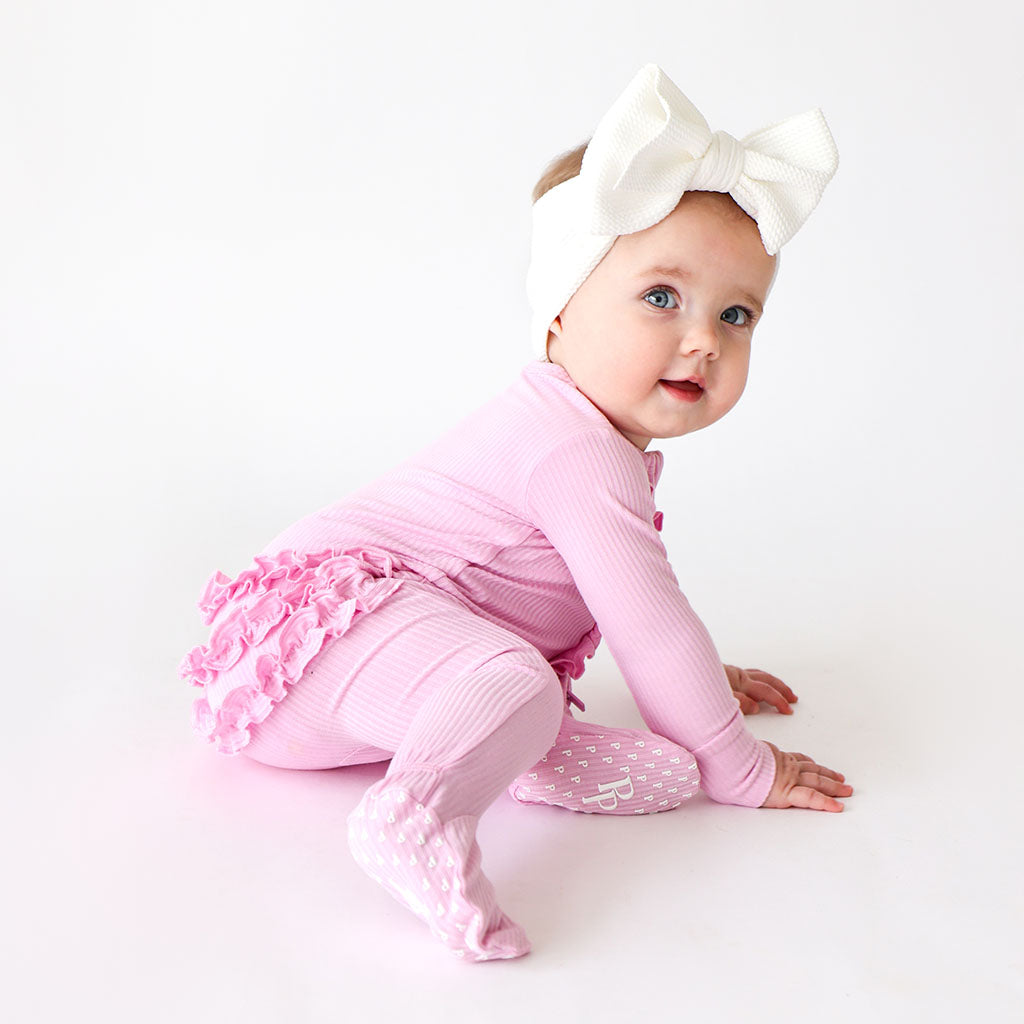 Posh Pink Ribbed Footie Ruffled Zippered One Piece