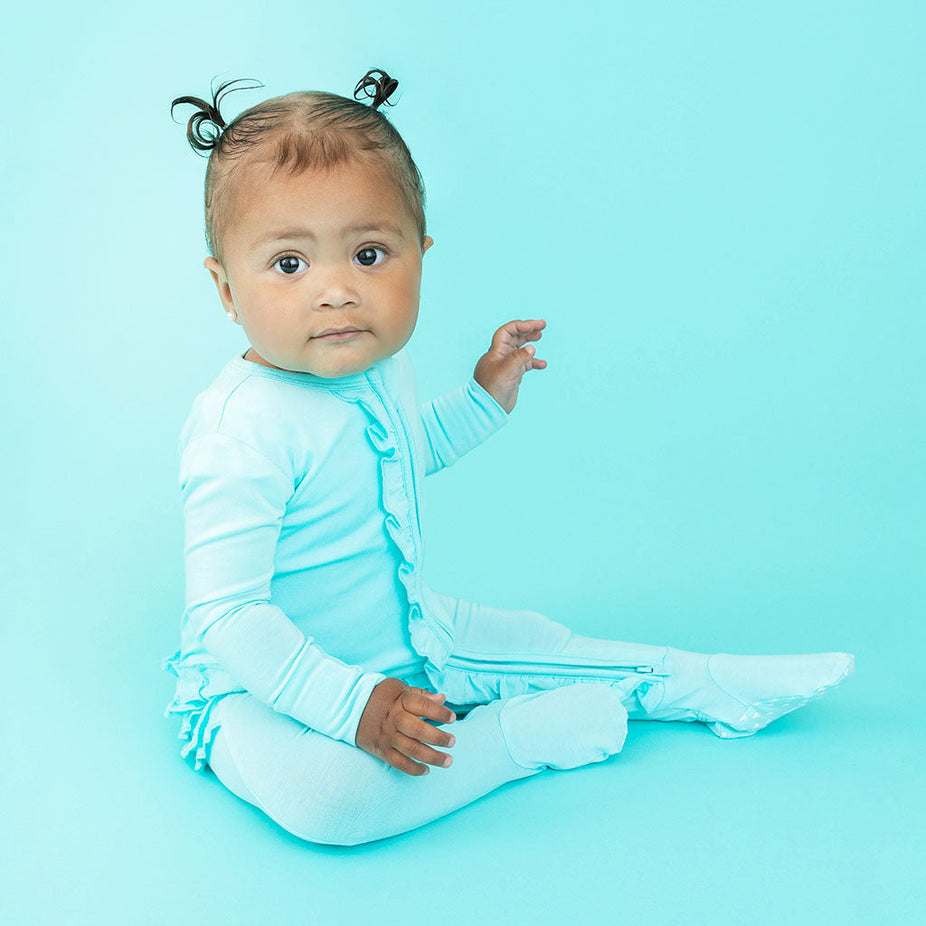 Preppy Teal Footie Ruffled Zippered One Piece