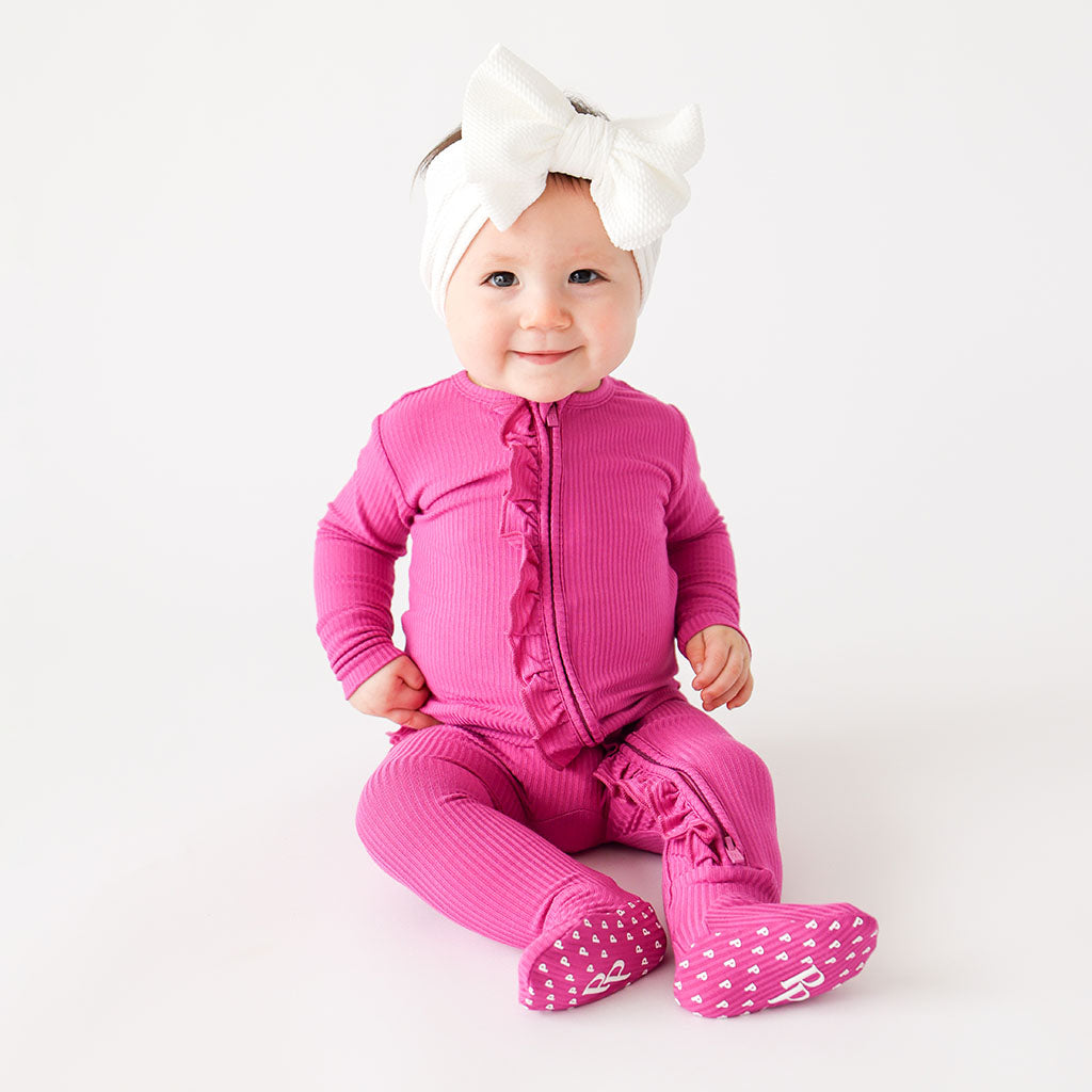 Posh Violet Ribbed Footie Ruffled Zippered One Piece