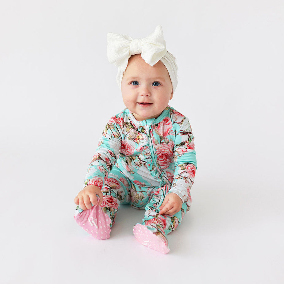 Spring Rose Footie Ruffled Zippered One Piece