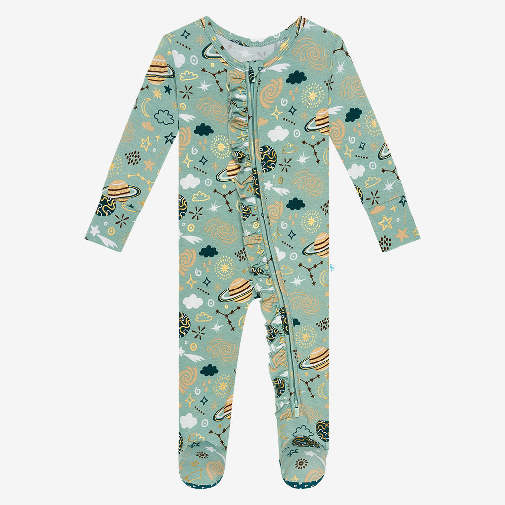 To The Stars Footie Ruffled Zippered One Piece