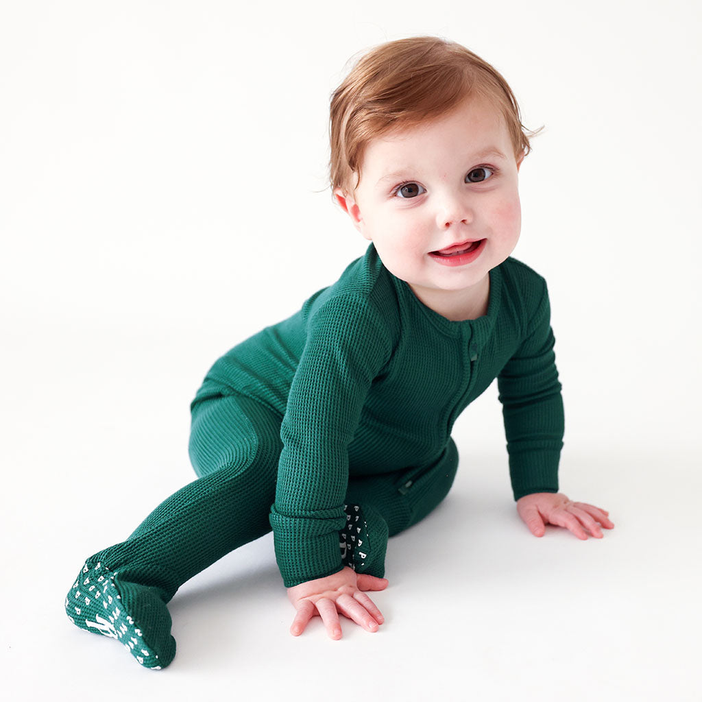 Hunter Green Waffle Footie Zippered One Piece