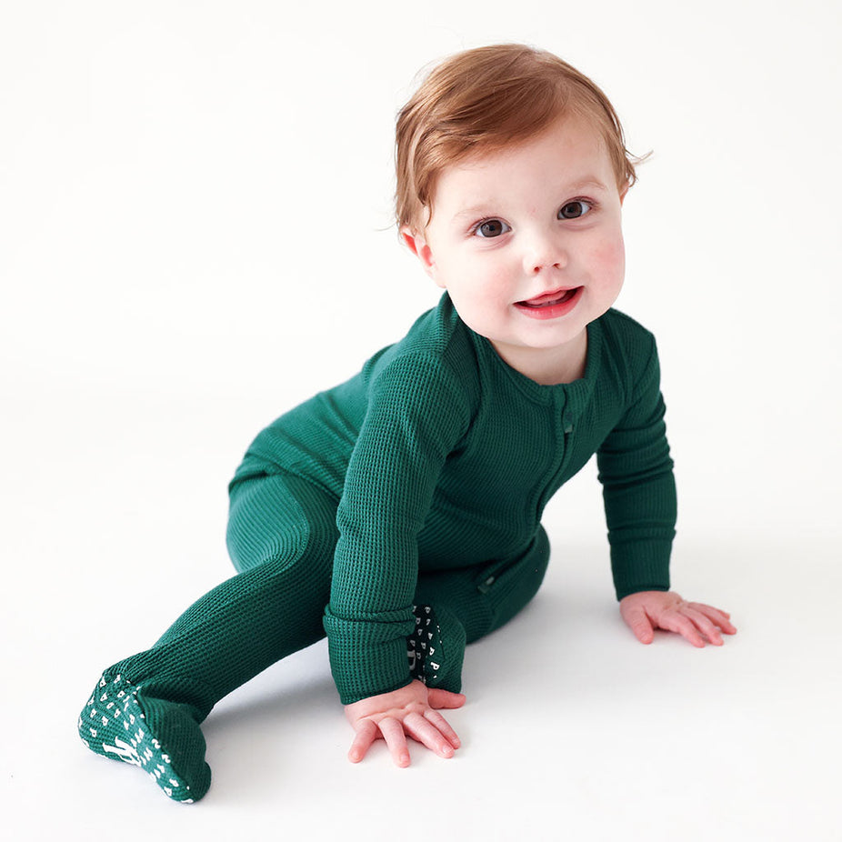 Hunter Green Waffle Footie Zippered One Piece