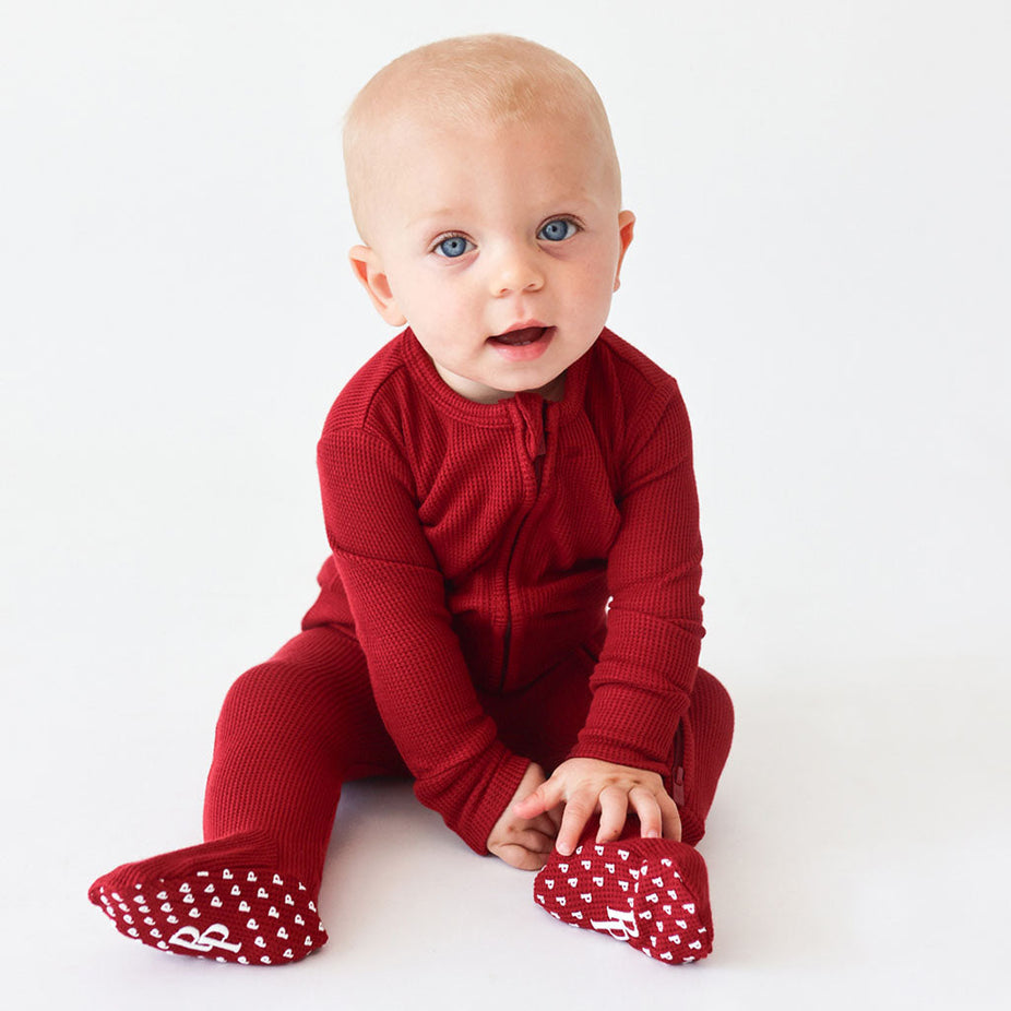 Maroon Waffle Footie Zippered One Piece