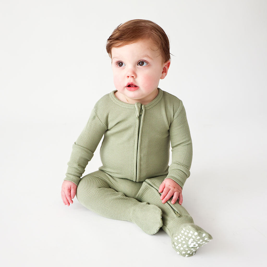 Olive Waffle Footie Zippered One Piece