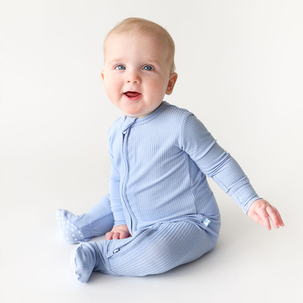 Powder Blue Ribbed Footie Zippered One Piece