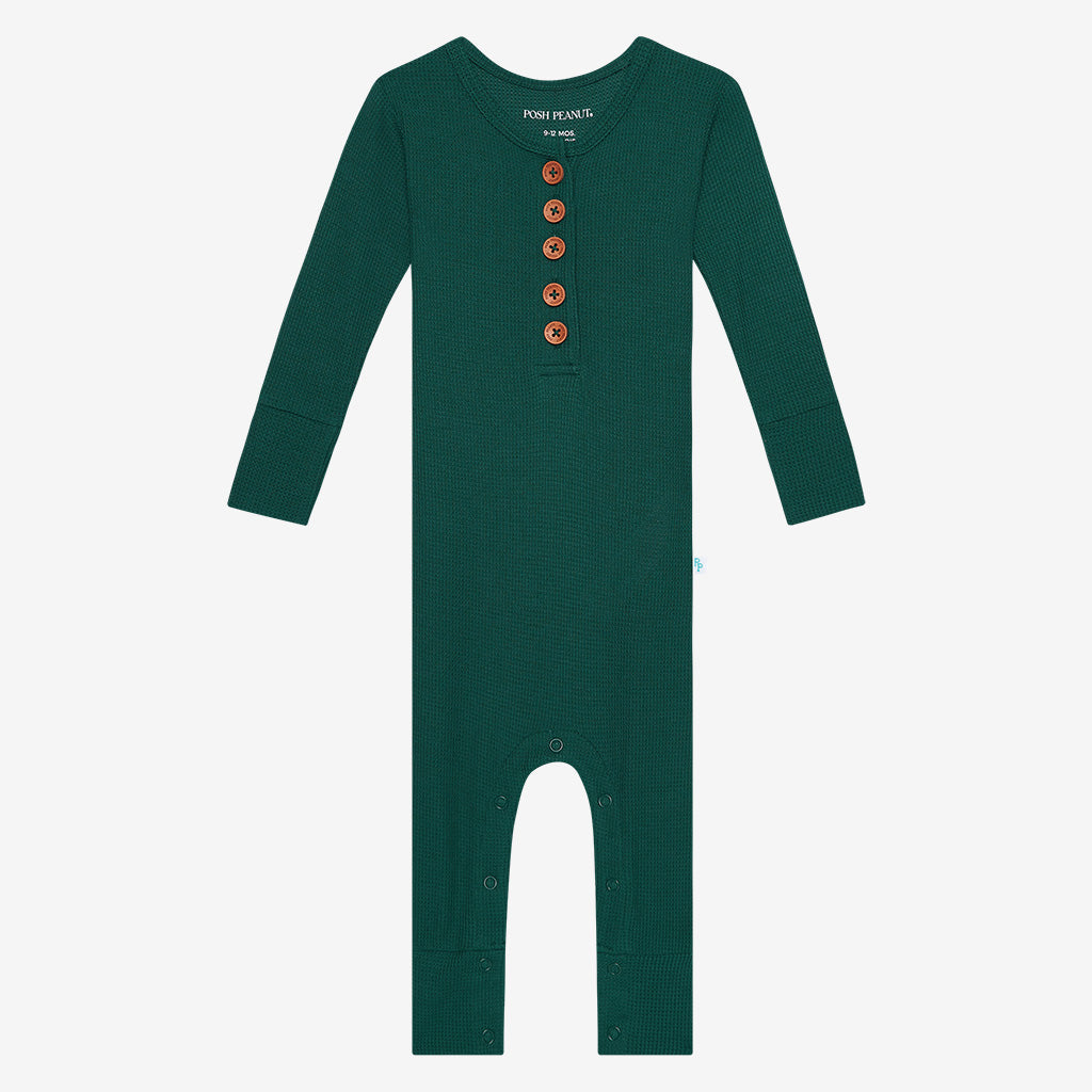 Hunter Green Waffle Long Sleeve Henley Romper