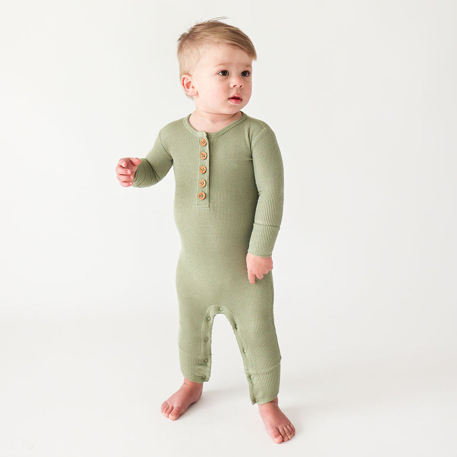 Olive Waffle Long Sleeve Henley Romper