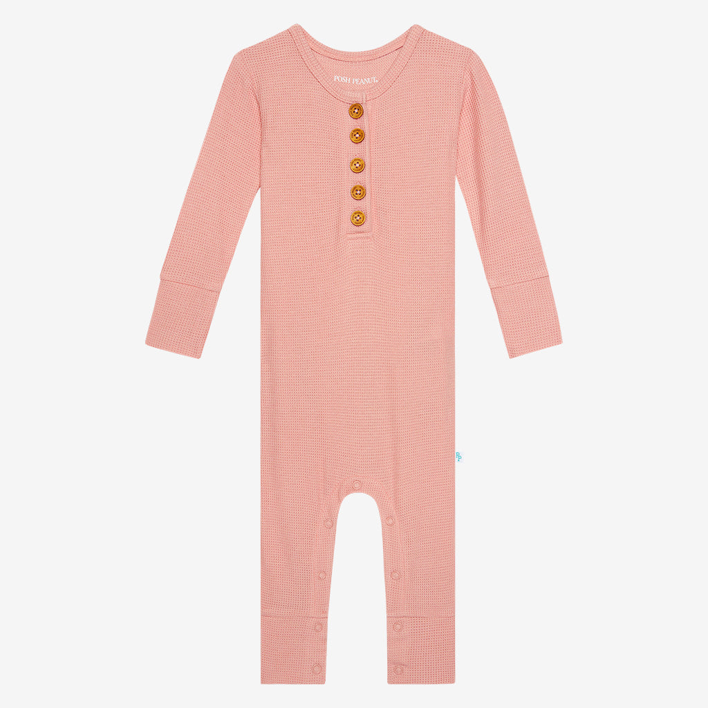 Fall Rose Waffle Long Sleeve Ruffled Henley Romper
