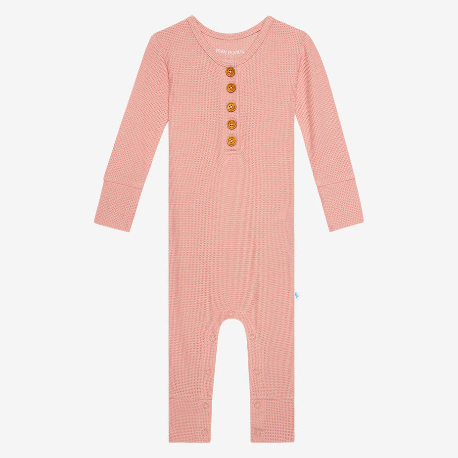 Fall Rose Waffle Long Sleeve Ruffled Henley Romper