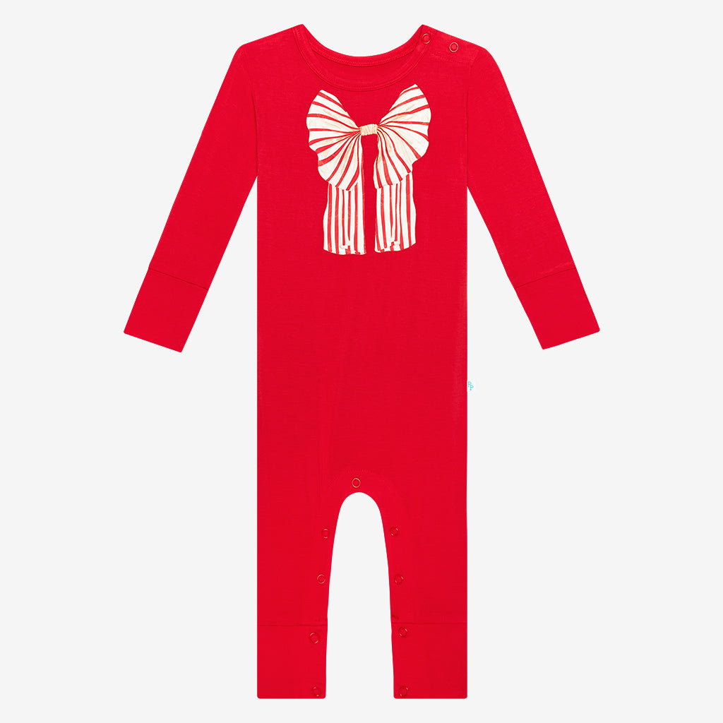 Candy Cane Bow Long Sleeve Ruffled Romper
