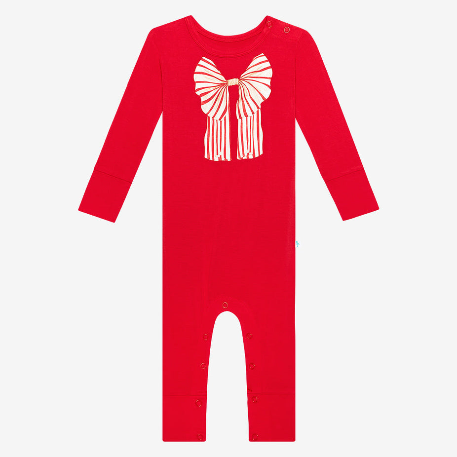 Candy Cane Bow Long Sleeve Ruffled Romper