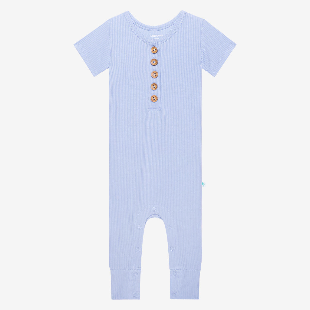 Powder Blue Ribbed Short Sleeve Henley Romper