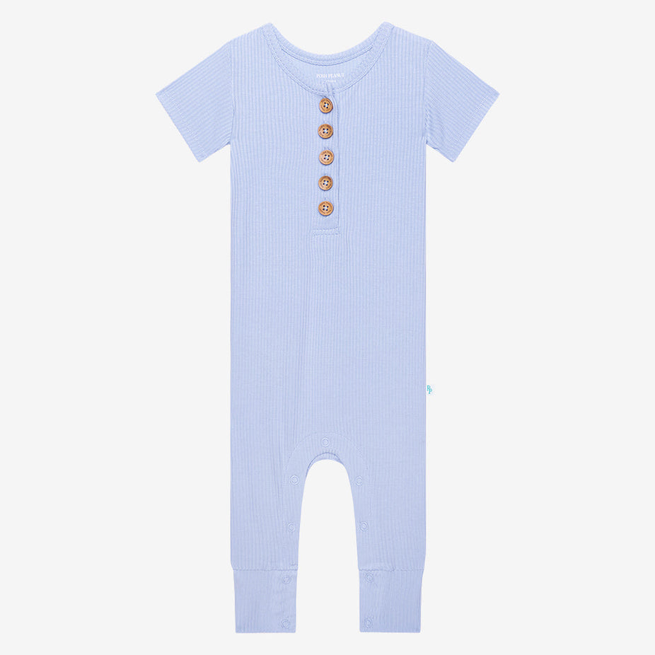 Powder Blue Ribbed Short Sleeve Henley Romper