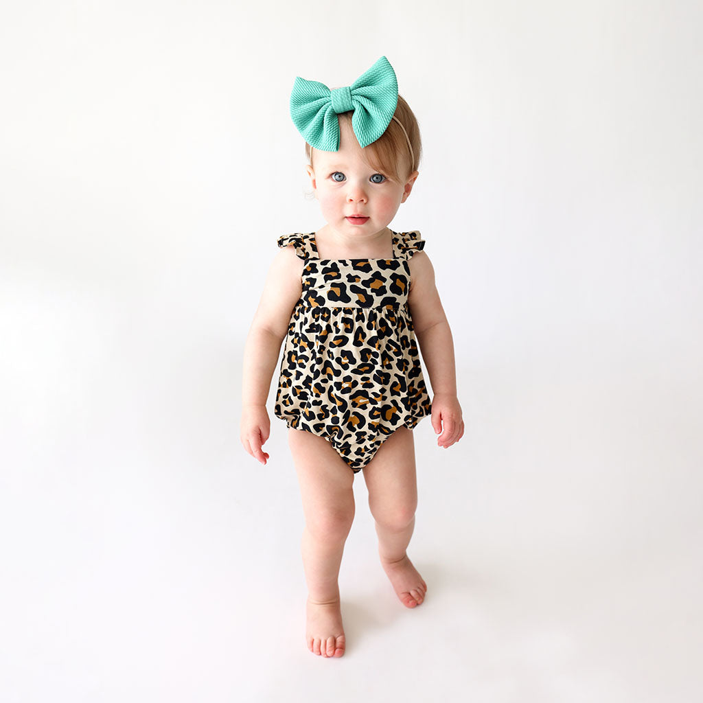 Lana Leopard Tan Ruffled Bubble Romper