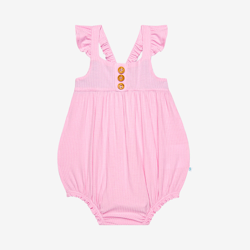 Posh Pink Ribbed Ruffled Cap Sleeve Henley Bubble Romper