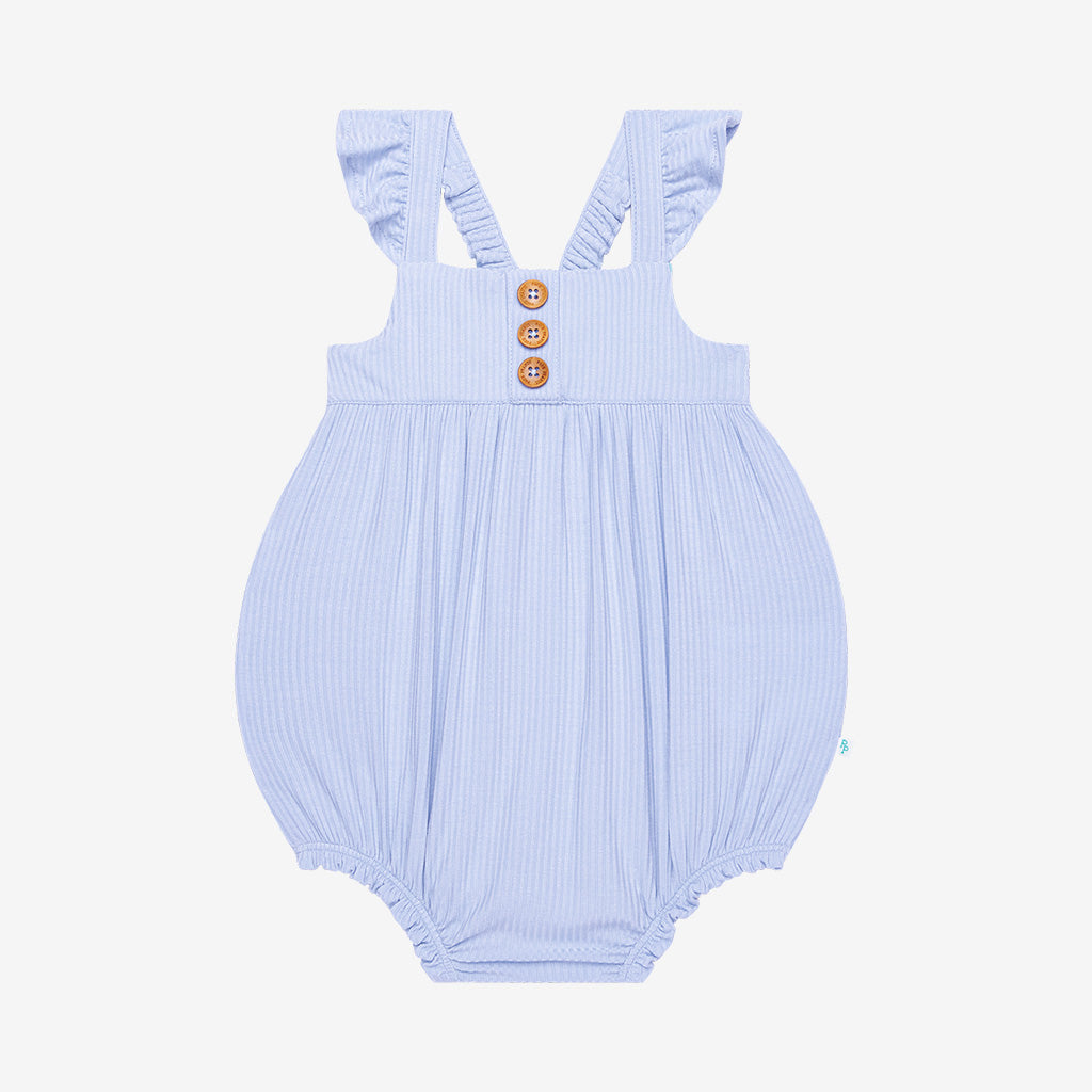 Powder Blue Ribbed Ruffled Cap Sleeve Henley Bubble Romper