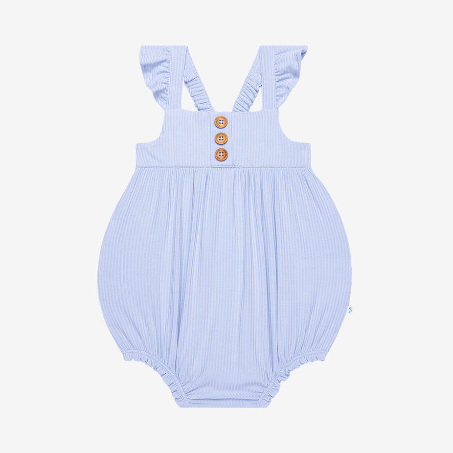 Powder Blue Ribbed Ruffled Cap Sleeve Henley Bubble Romper
