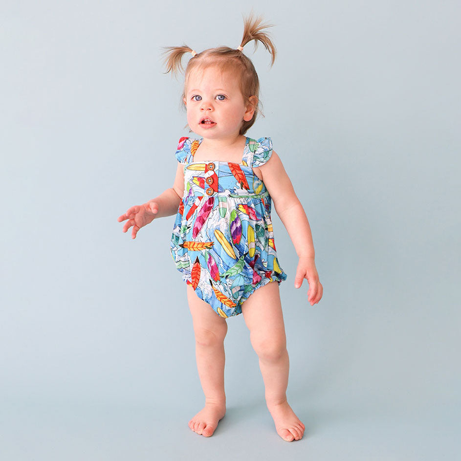 Wave Ruffled Cap Sleeve Henley Bubble Romper
