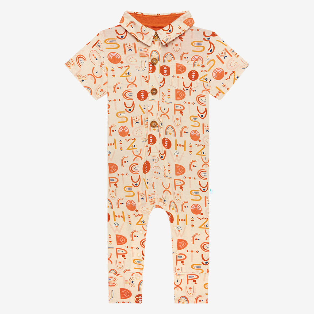 Alphabet Medley Short Sleeve Collared Henley Romper