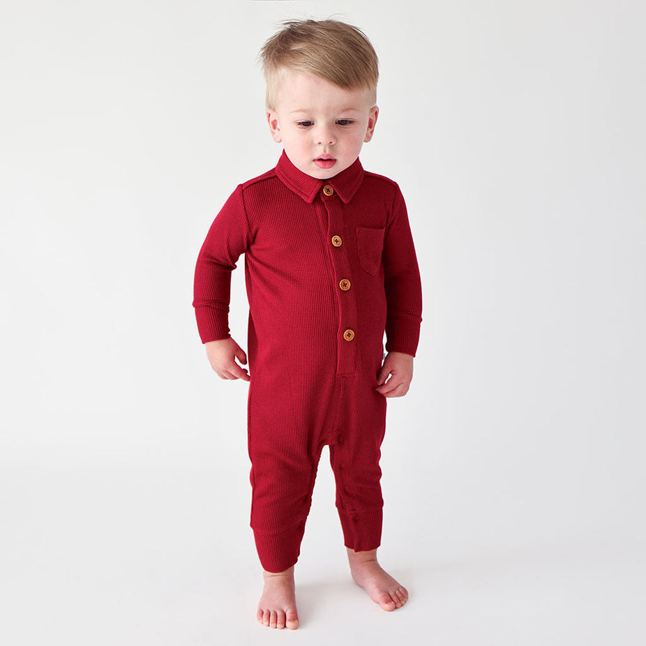 Maroon Waffle Long Sleeve Collared Henley Romper